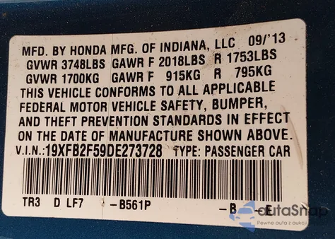2013 Honda Civic Lx z USA, uszkodzony, nr VIN 19XFB2F59DE273728